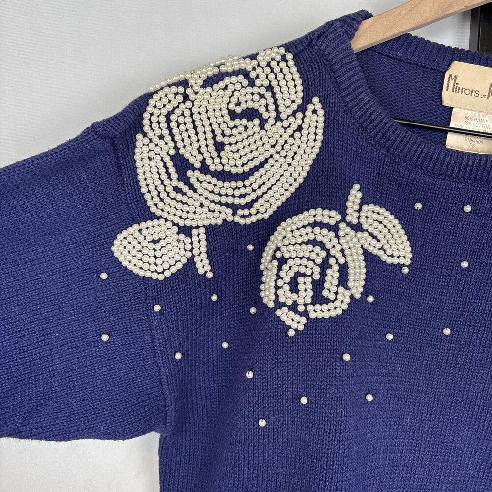 Vintage Mirrors of Krizia Sweater M Indigo Pullover Pearl Flower Shoulder Button - Picture 3 of 12